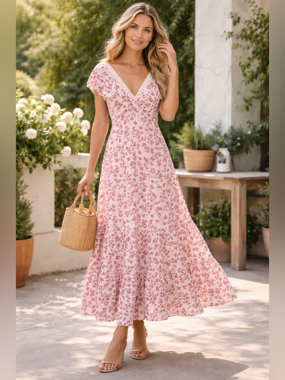 Lulus White Red Floral Maxi Dress Lace Trim Boho Romantic S